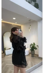 Taşlı Fırfır Detay Kuşaklı Elbise - Siyah - Kod: 39369