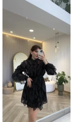 Taşlı Fırfır Detay Kuşaklı Elbise - Siyah - Kod: 39369