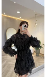 Taşlı Fırfır Detay Kuşaklı Elbise - Siyah - Kod: 39369