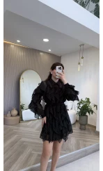 Taşlı Fırfır Detay Kuşaklı Elbise - Siyah - Kod: 39369