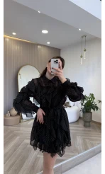 Taşlı Fırfır Detay Kuşaklı Elbise - Siyah - Kod: 39369