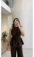 Fera Bağlama Detaylı Takım - Kahve - Kod: 8920