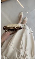 Renkli Nakış Kumaş Bluz Etek Takım - Bej