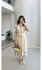 Renkli Nakış Kumaş Bluz Etek Takım - Bej