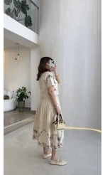 Renkli Nakış Kumaş Bluz Etek Takım - Bej