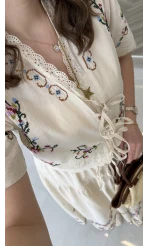 Renkli Nakış Kumaş Bluz Etek Takım - Bej