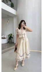 Renkli Nakış Kumaş Bluz Etek Takım - Bej