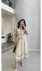 Renkli Nakış Kumaş Bluz Etek Takım - Bej