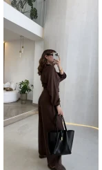 Parco Beli Lastikli Pamuk Kumaş Eşofman Takım - Kahve - Kod: 51323