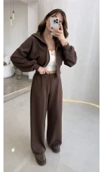 Parco Beli Lastikli Pamuk Kumaş Eşofman Takım - Kahve - Kod: 51323