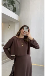 Bluzlu İkili Takım Elbise - Kahverengi - Kod: 4064