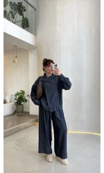 Dik Yaka Denim Tensel Gömlek- Pantolon Takım - Lacivert - Kod: 0100