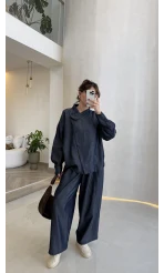 Dik Yaka Denim Tensel Gömlek- Pantolon Takım - Lacivert - Kod: 0100