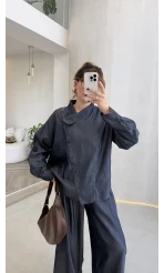 Dik Yaka Denim Tensel Gömlek- Pantolon Takım - Lacivert - Kod: 0100