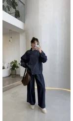 Dik Yaka Denim Tensel Gömlek- Pantolon Takım - Lacivert - Kod: 0100