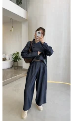 Dik Yaka Denim Tensel Gömlek- Pantolon Takım - Lacivert - Kod: 0100