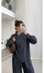 Dik Yaka Denim Tensel Gömlek- Pantolon Takım - Lacivert - Kod: 0100