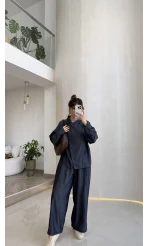 Dik Yaka Denim Tensel Gömlek- Pantolon Takım - Lacivert - Kod: 0100