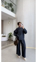 Dik Yaka Denim Tensel Gömlek- Pantolon Takım - Lacivert - Kod: 0100