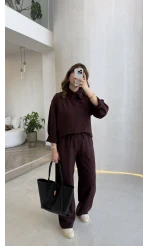 Asimetrik Kesim Yaka Detay Gömlek Takım - Bordo - Kod: 51335