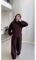 Asimetrik Kesim Yaka Detay Gömlek Takım - Bordo - Kod: 51335