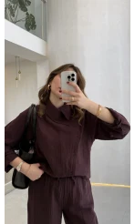 Asimetrik Kesim Yaka Detay Gömlek Takım - Bordo - Kod: 51335