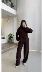 Asimetrik Kesim Yaka Detay Gömlek Takım - Bordo - Kod: 51335