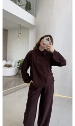 Asimetrik Kesim Yaka Detay Gömlek Takım - Bordo - Kod: 51335