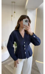 Missy Beli Pile Detay V Yaka Gömlek - Lacivert - Kod: 2222