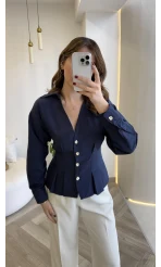 Missy Beli Pile Detay V Yaka Gömlek - Lacivert - Kod: 2222