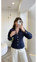 Missy Beli Pile Detay V Yaka Gömlek - Lacivert - Kod: 2222