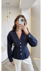 Missy Beli Pile Detay V Yaka Gömlek - Lacivert - Kod: 2222