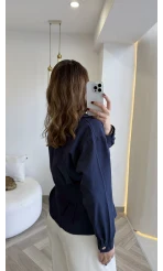 Missy Beli Pile Detay V Yaka Gömlek - Lacivert - Kod: 2222