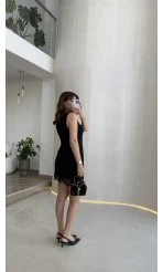 İncili Mini Elbise - Siyah - Kod: 39364