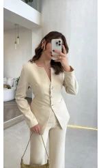 Sim ve Pul Detay Ceket Pantolon Takım - Taş - Kod: 80322