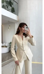 Sim ve Pul Detay Ceket Pantolon Takım - Taş - Kod: 80322