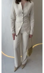 Sim ve Pul Detay Ceket Pantolon Takım - Taş - Kod: 80322