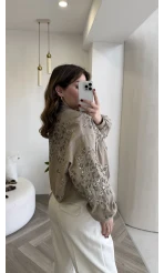 Premium Taş Pul Detaylı Pamuklu Ceket - Vizon - Kod: 99927