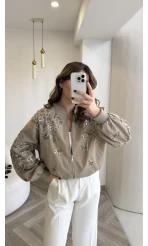 Premium Taş Pul Detaylı Pamuklu Ceket - Vizon - Kod: 99927