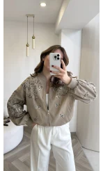 Premium Taş Pul Detaylı Pamuklu Ceket - Vizon - Kod: 99927