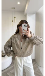 Premium Taş Pul Detaylı Pamuklu Ceket - Vizon - Kod: 99927