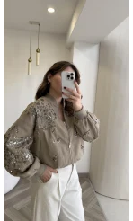 Premium Taş Pul Detaylı Pamuklu Ceket - Vizon - Kod: 99927