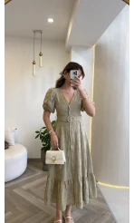 V Yaka Balon Kol Çiçek Nakışlı Kemerli Pamuk Elbise - Olive - Kod: 3076