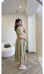 V Yaka Balon Kol Çiçek Nakışlı Kemerli Pamuk Elbise - Olive - Kod: 3076