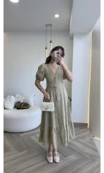 V Yaka Balon Kol Çiçek Nakışlı Kemerli Pamuk Elbise - Olive - Kod: 3076