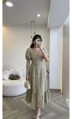 V Yaka Balon Kol Çiçek Nakışlı Kemerli Pamuk Elbise - Olive - Kod: 3076