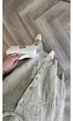 V Yaka Balon Kol Çiçek Nakışlı Kemerli Pamuk Elbise - Olive - Kod: 3076