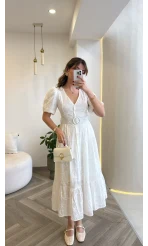 V Yaka Balon Kol Çiçek Nakışlı Kemerli Pamuk Elbise - Beyaz - Kod: 3076