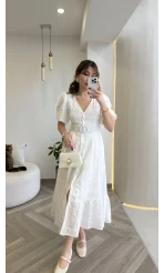 V Yaka Balon Kol Çiçek Nakışlı Kemerli Pamuk Elbise - Beyaz - Kod: 3076