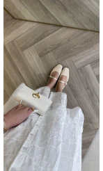 V Yaka Balon Kol Çiçek Nakışlı Kemerli Pamuk Elbise - Beyaz - Kod: 3076